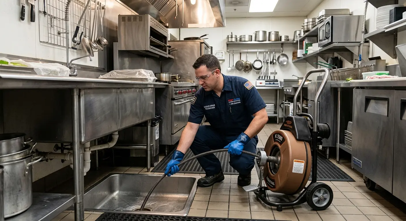 Commercial drain cleaning service in a restaurant kitchen in Belen