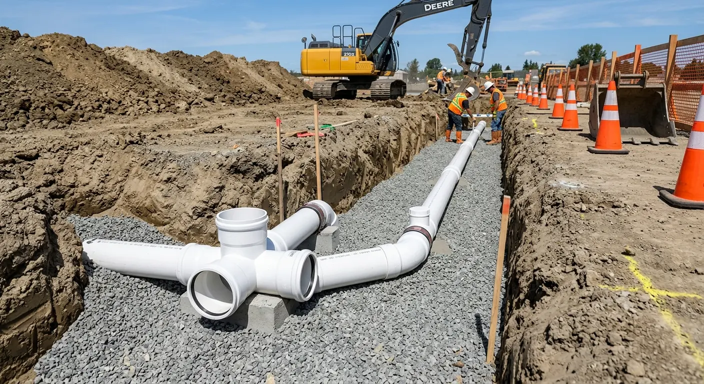 New PVC sewer pipe installation in open trench for Commercial Drain Cleaning in Belen