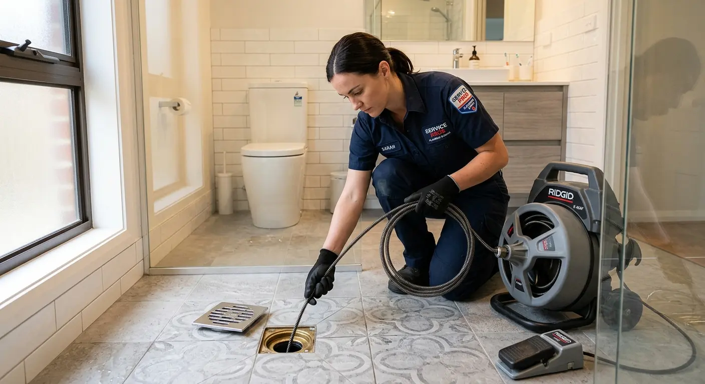 Technician clearing a bathroom floor drain for Clogged Drain Repair in Belen